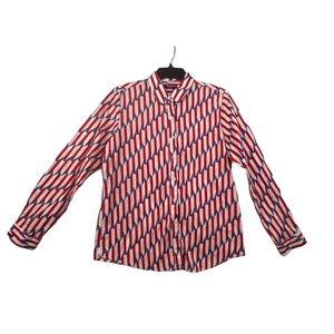 Dioufond Women's Long Sleeve Red Blue White Cotton Shirt Sz 2XL Pre-Owned